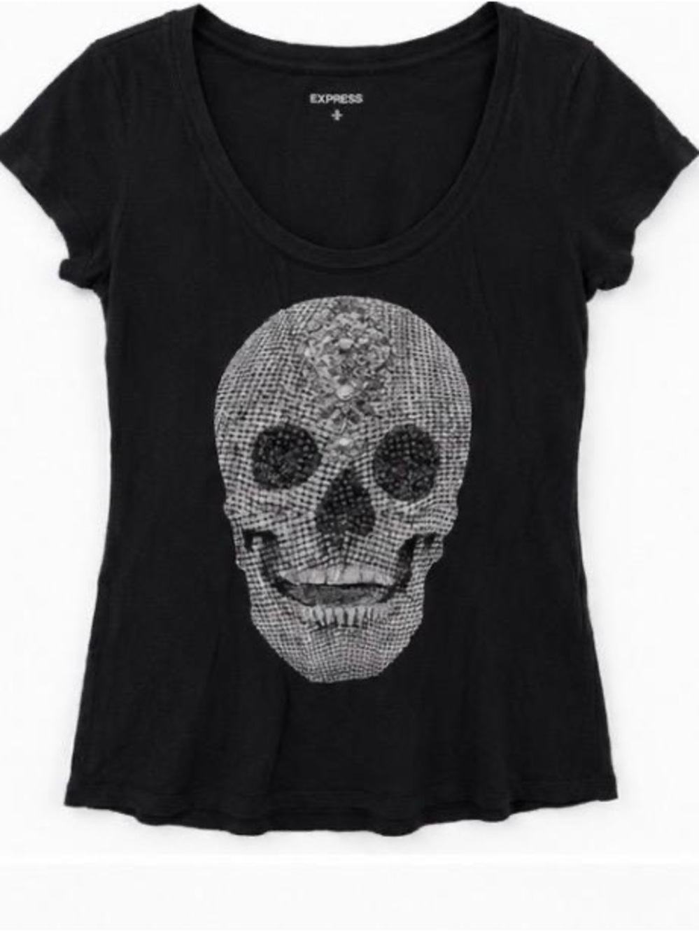 Express Black Short Sleeve Scoop Neck Tee with Silver Skull